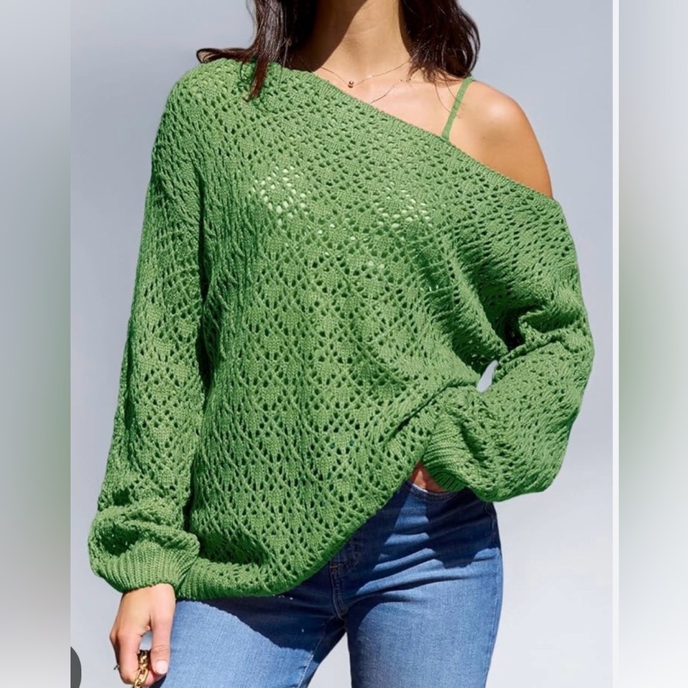 Cupshe Green Off-the-Shoulder Open Knit Sweater